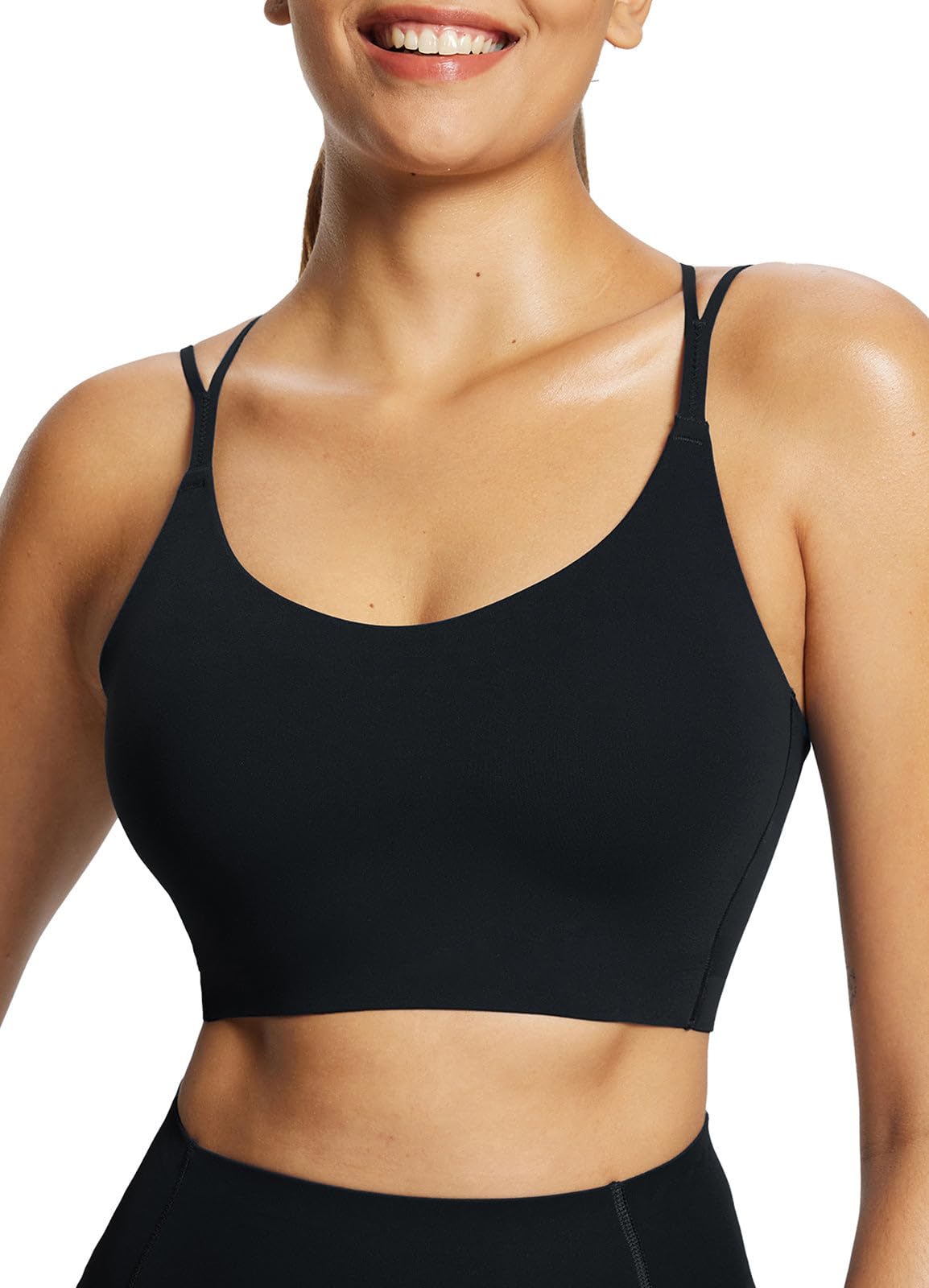 BALEAF Freeleaf Women's Sports Bra Longline, Molded Cup Yoga Bra Thin Strap Low Impact Spaghetti Workout Crop Tank Tops