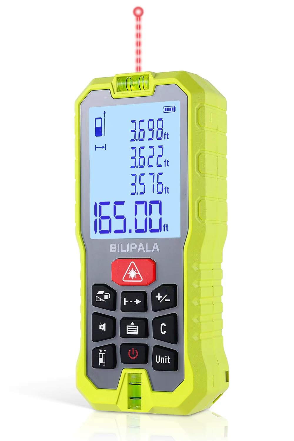 Laser Measure 229 Ft, Backlit LCD, ±2mm Accuracy, 2 Bubble Levels | Area, volume, Pythagorean, Max/Min 30 memories, mute beep, 2 AA batteries, 180s auto shutoff, dust and drop protection design