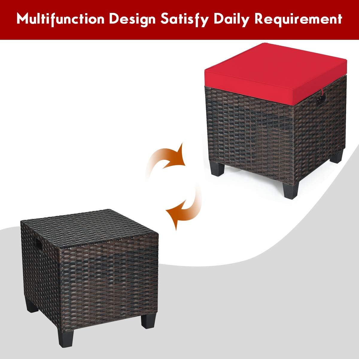 2PCS Patio Outdoor Ottomans, Rattan Wicker Ottoman Seat w/Removable Cushions, Rattan Footstool Footrest Seat Set, Patio Wicker Furniture Small Chair for Home,Patio, Garden, Backyard (Red)