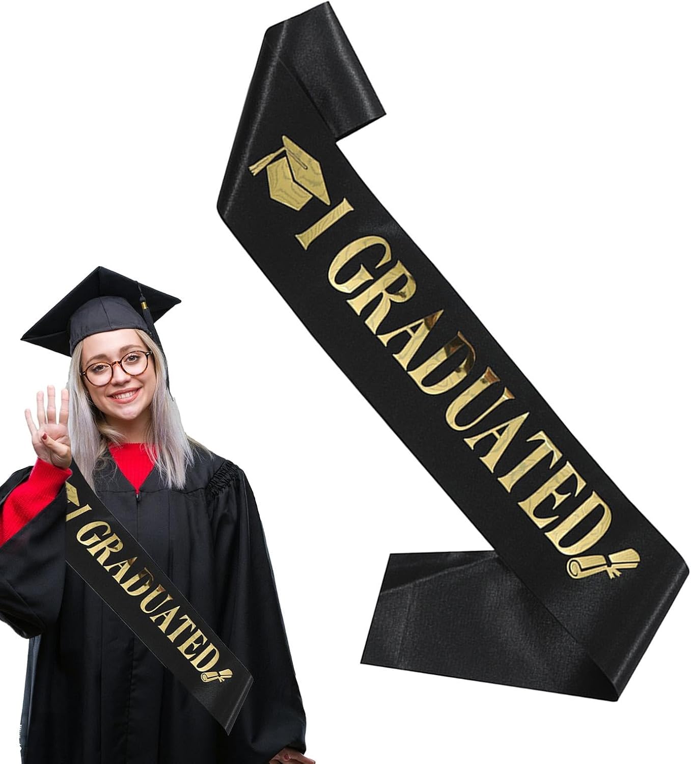 Écharpe De Remise De Diplôme 2025 - Ruban Satin Noir Avec Lettres Dorées Pailletées 'Graduate', 160x9,5 Cm - Accessoire Photo Pour Cérémonie, Homme Et Femme