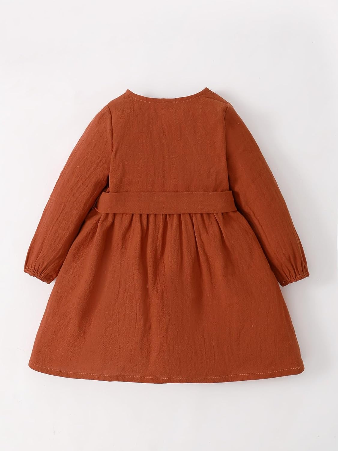 Vestido de manga comprida enferrujado para bebês meninas com laço | Sweet Round Neck Button Front Everyday Outfit Vestido de manga comprida enferrujado para bebês meninas com laço | Sweet Round Neck Button Front Everyday Outfit - Imagem 7