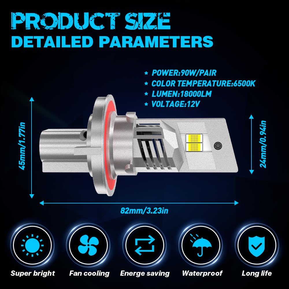 Żarówka LED H13 z wentylatorem chłodzącym 90 W, 18000 lm, 6500 K, bardzo jasna, biała, 9008, reflektor samochodowy, 1:1, wymiana lamp halogenowych i ksenonowych, Plug & Play, 2 sztuki