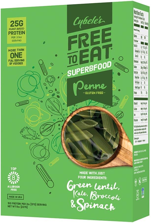 Cybele's Free to Eat Gluten Free & Grain Free Pasta | Superfood Green, Penne | High in Plant Based Protein | Dairy Free, Nut Free, Soy Free, Allergen Free, Non GMO, Vegan | 8oz Box (Pack of 6)