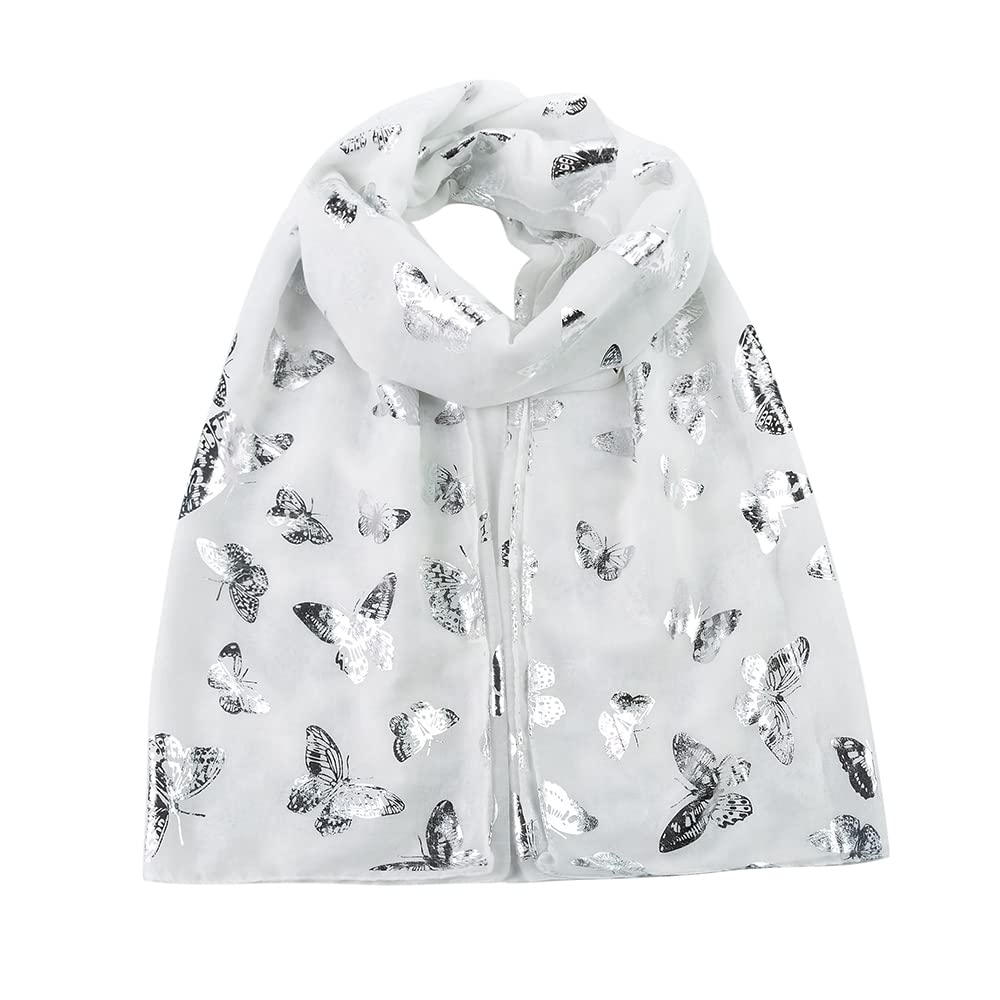 London Scarfs New Ladies Women's Glitter Foiled Flamingo,Swallow Birds & Butterfly Print Scarfs (New Glitter Butterfly White)