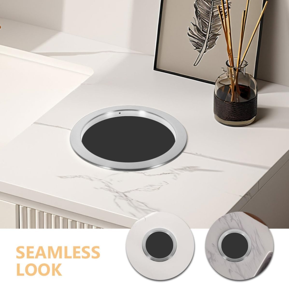 Toddmomy Silver Stainless Steel Embedded Garbage Can Lid with Seamless Look round Design, Kitchen Trash Can Accessory for Countertop, Elegant and Versatile Swing Top Recessed Lid