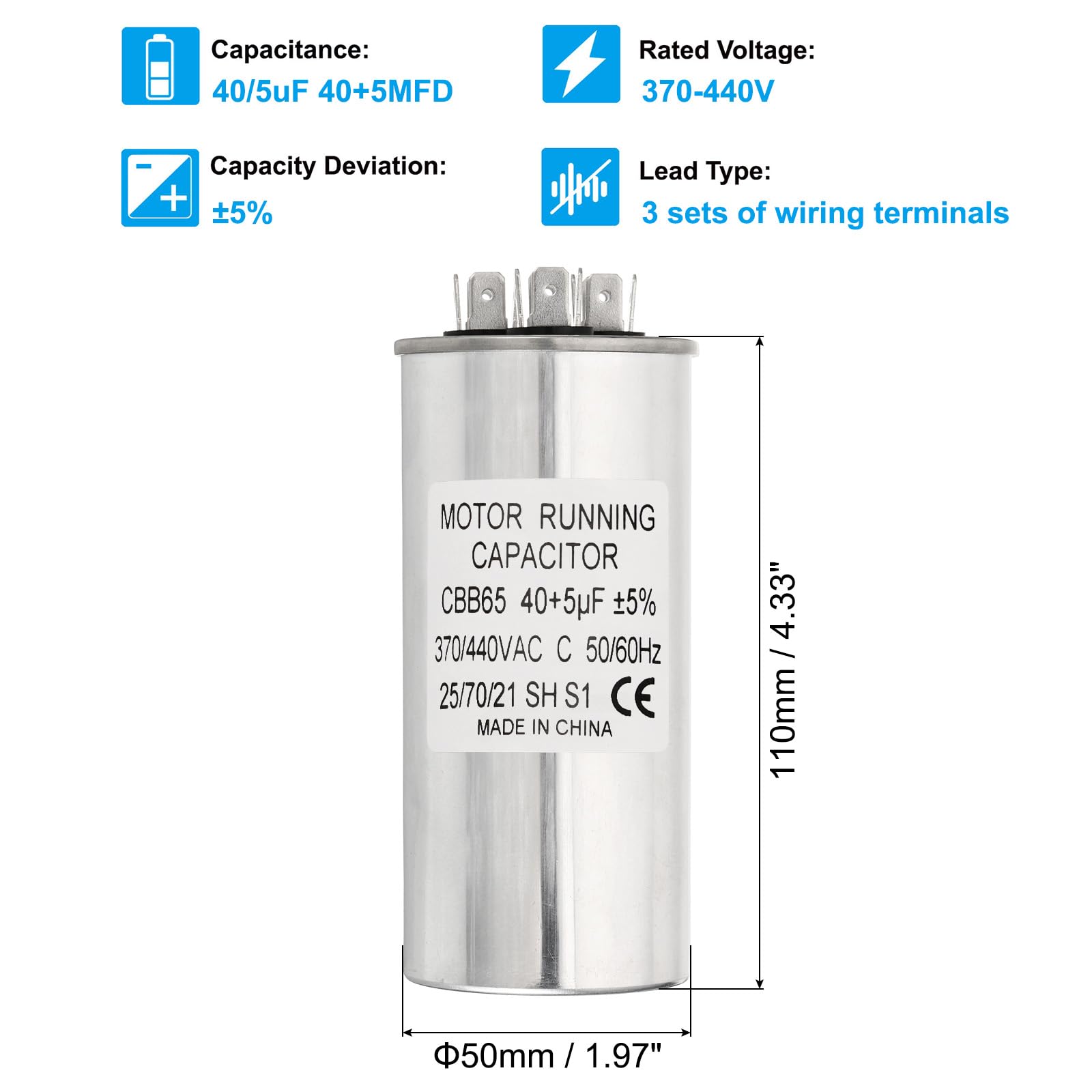 PATIKIL 40/5uF 40+5MFD 370-440V AC Condensador, 10 Piezas CBB65 Condensadores Arranque Motor Condensador Doble Funcionamiento O Bomba Calor Condensador