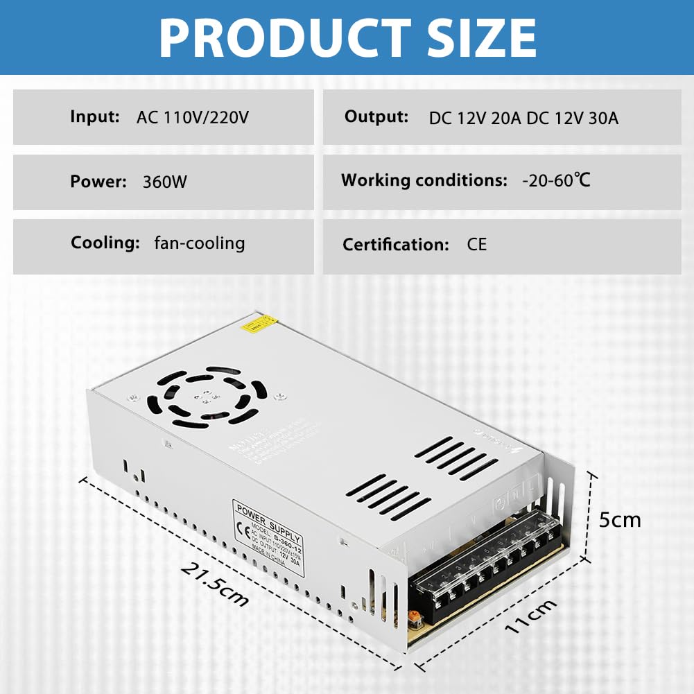 DC 12V 30A 360W Alimentation Transformateur 110/220 V CA à 12V CC Convertisseur Alimentation, Transformer Constant Voltage, Conduite Alimentation à découpage pour Driver LED Moteur Pompe Caméra