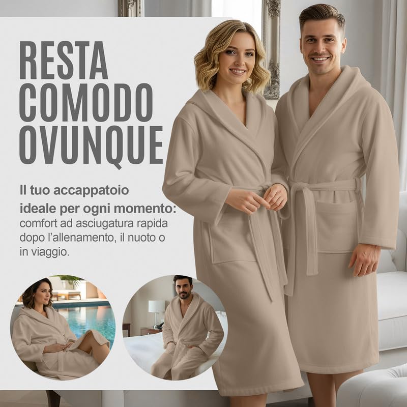 NARCISO - Accappatoio Uomo Donna Microfibra Economico con Tasche Cappuccio e Cintura, Ideale per Casa, Viaggio, Palestra, Tessuto Morbido e Comodo, Taglie dalla S alla XXL