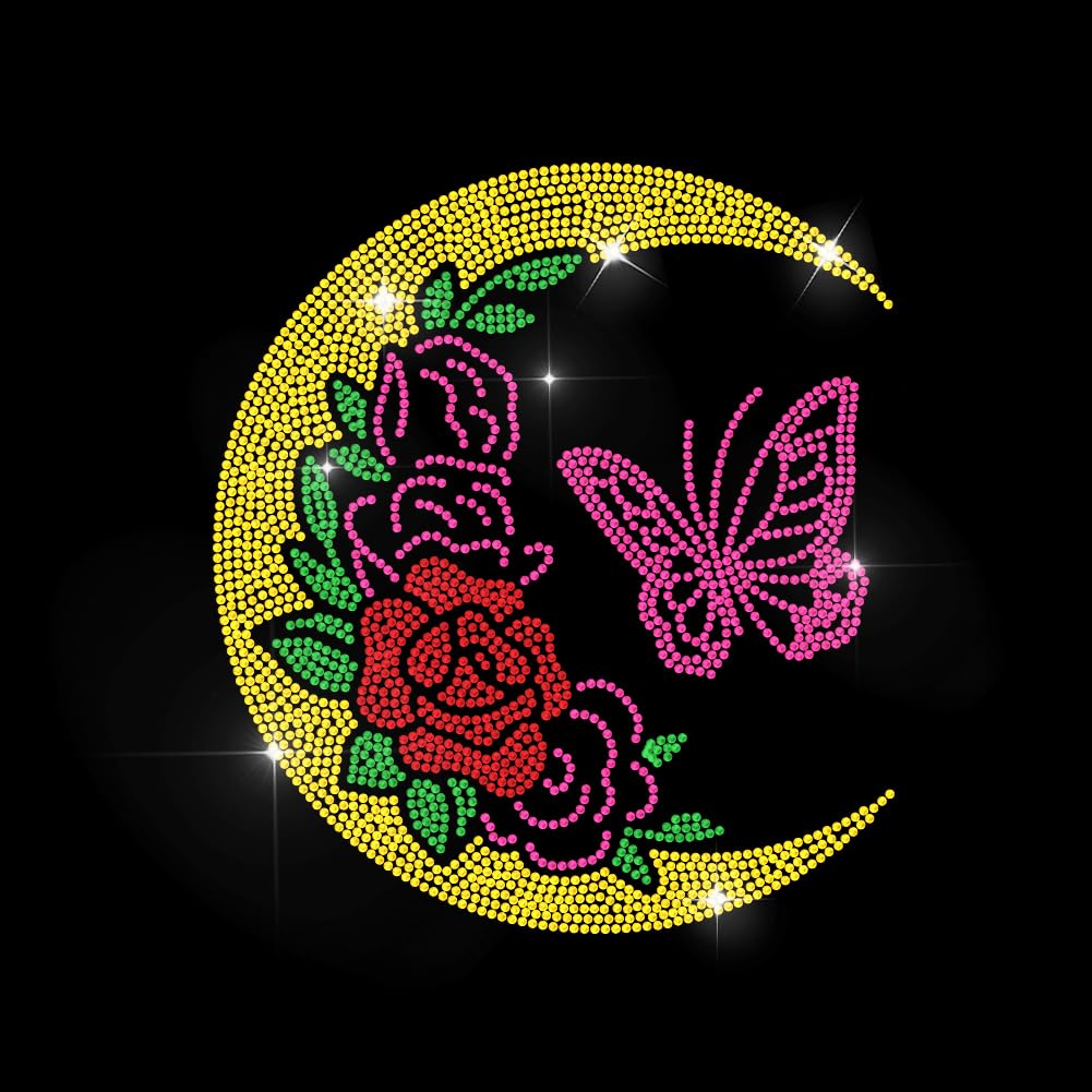 MAYJOYDIY Moon Rose Rhinestone Iron on Decal Pink Butterfly Hotfix Transfer Sticker Dreamy Heat Transfer Patch Shining Clothing Repair Applique for T-Shirt Hat Jacket Garment Bag DIY Decor