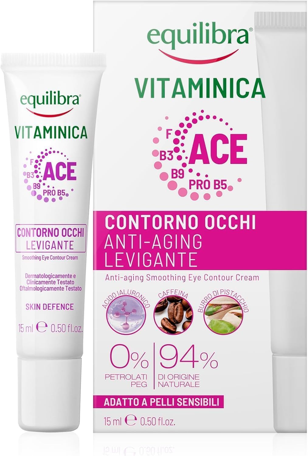 Equilibra, Contorno Occhi Anti-​aging Levigante Vitaminica,​con Complesso Multivitaminico, Acido Ialuronico, Caffeina, Burro Pistacchio, Azione Levigante, Contrasta Borse e Occhiaie,​15 ml