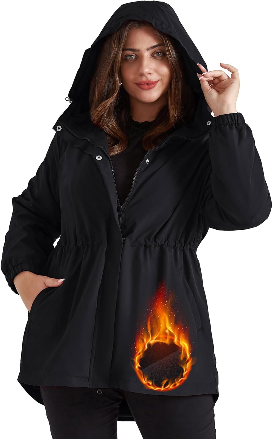 Hanna Nikole Women's Long Rain Jacket Plus Size Fleece Lined Waterproof Hooded Rain Coat Lightweight Pockets Windbreaker Trip
