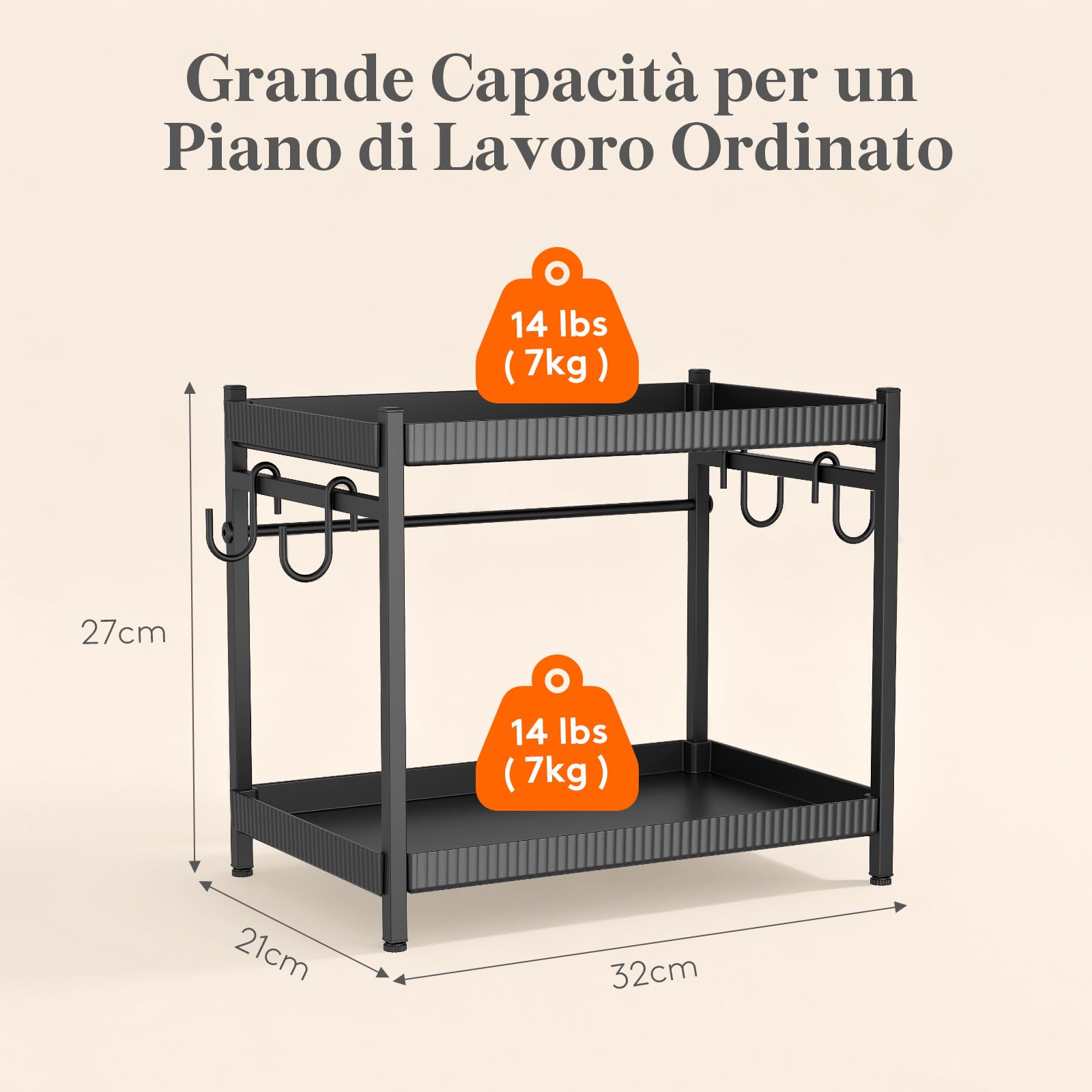 Lifewit Organizer per Caffè, 2 Livelli Portatazze da Banco, Espositore a Scaffale con 4 Ganci, Contenitore per Accessori da Caffè per la Cucina di Casa, Nero