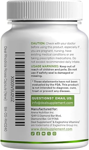 Miniatura 7 de DEAL SUPPLEMENT Rhodiola Rosea con Ashwagandha 5,000 mg por porción, 240 cápsulas vegetales – Extracto de raíz 10:1 de fuerza máxima – Suplementos