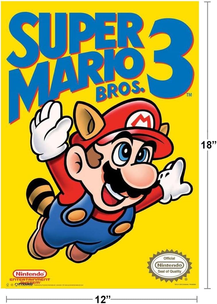 Pyramid America Super Mario Bros 3 Nintendo NES Platform Video Game Cover Art Mario Flying Raccoon Ears Tail Cool Wall Decor Art Print Poster 12x18