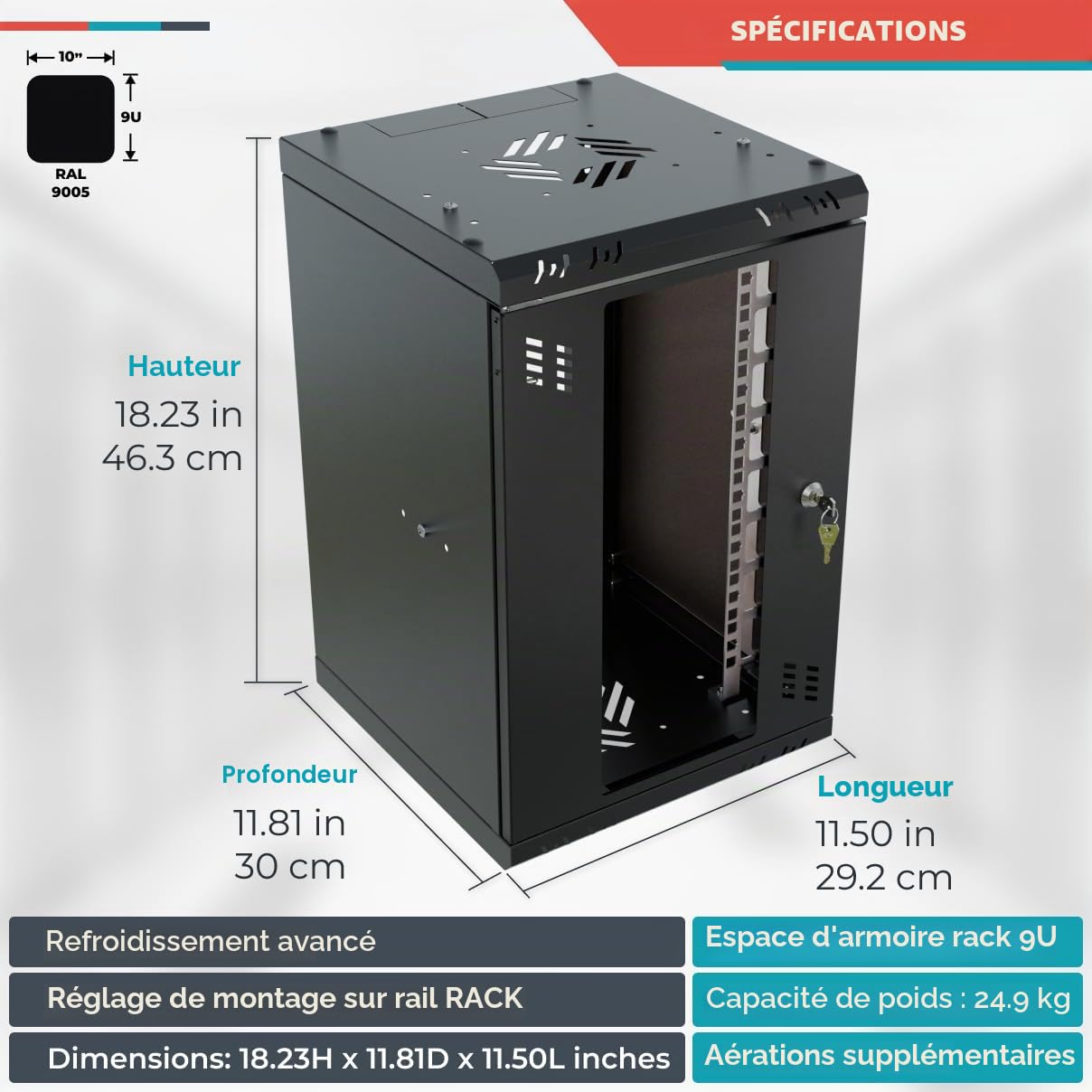 Armoire Réseau 10 Pouces - Baie Informatique 9U - Baie de Brassage pour Montage Mural - Capacité de Charge 20 kg - Armoire Informatique vers la Salle des Serveurs, Le Bureau - Noir