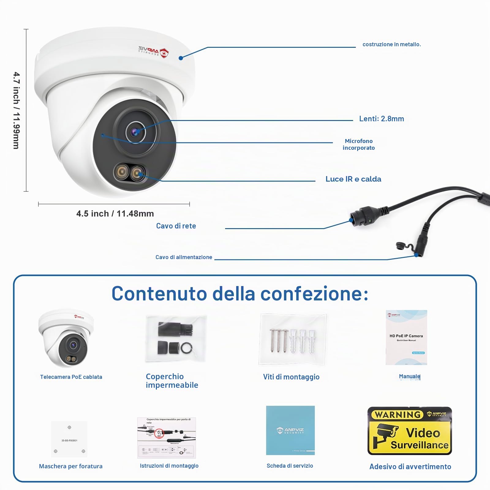 Anpviz 4K 8MP Telecamera IP PoE Esterno, Rilevamento di Uomo/Veicolo | 30m Visione Notturna Colori & IR, Alloggiamento Interamente in Metallo, Microfono, Cablato, Nessun Alimentatore(U Series)