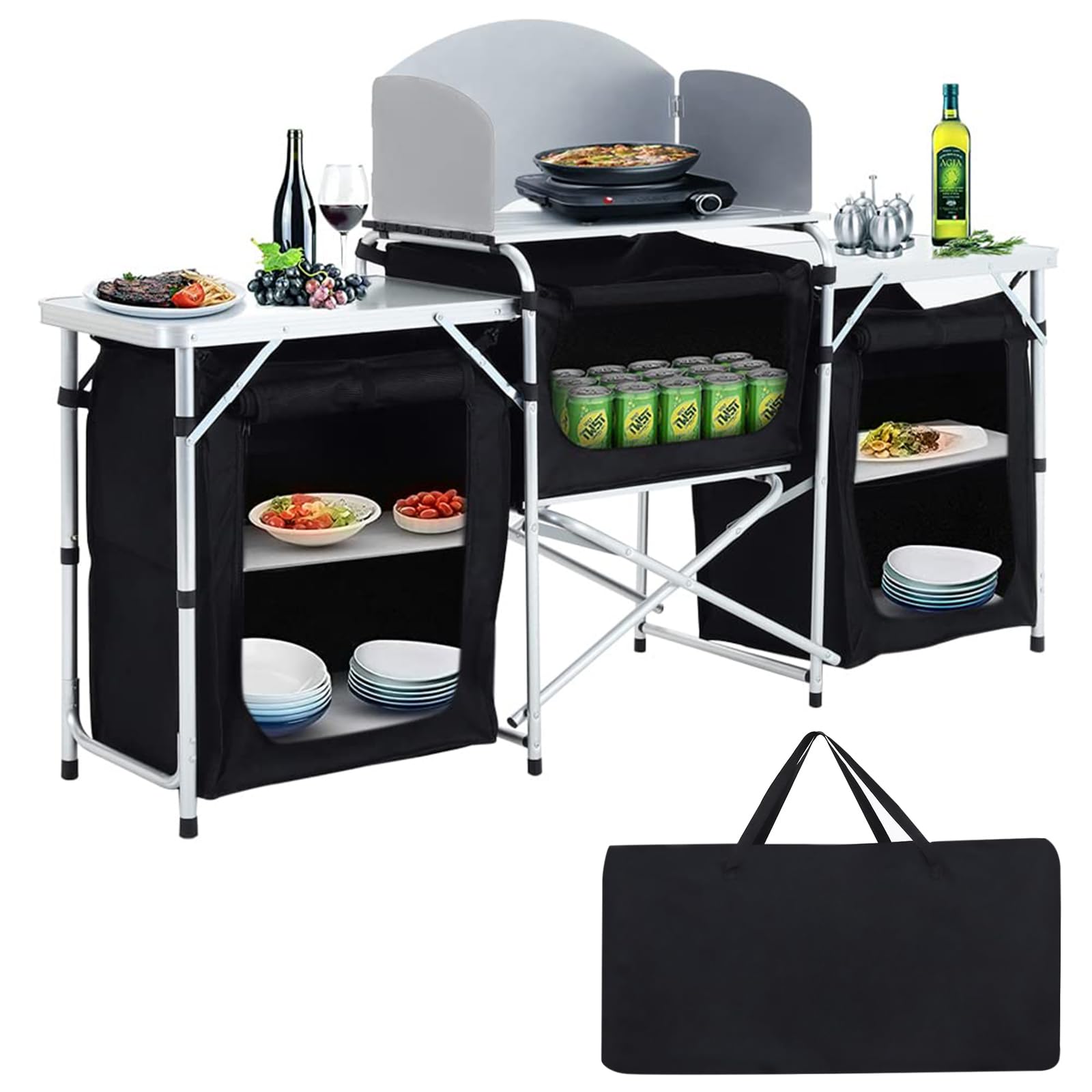 WarmiehomyFolding Camping Storage Cupboard Portable Camping Kitchen Unit with Aluminium Frame, 3 cupboards+1 panel, Black, 175×40×110cm