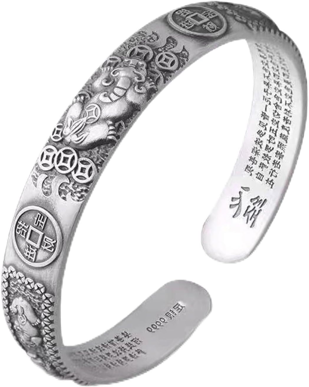 Pi Xiu Heart Sutra Feng Shui Bracelet, Tibetan Buddhist Mantra Wealth Luck Happiness Lucky Amulet Bangle, Vintage 999 Sterling Silver Adjustable Bracelet (A)