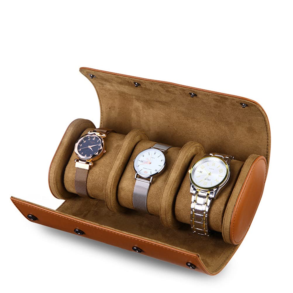 Uhrenrollen-Reiseetui, 3 Fächer, Reise-Uhrenbox für Herren, runder Vintage-Leder-Organizer für Uhrenschmuck