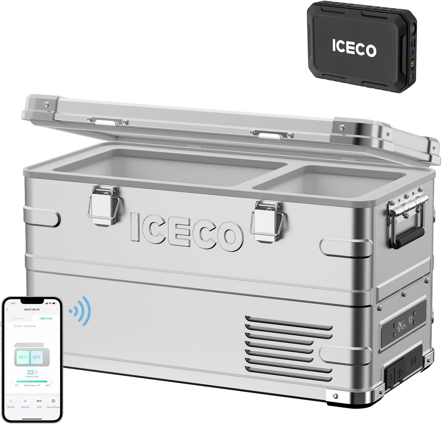 ICECO APL35 Portable Freezer with Battery, Dual Zone 37 Quart Car Fridge, Aluminum 12V Portable Refrigerator, -4℉~68℉, Compressor Cooler Powered by SECOP, 12/24V DC