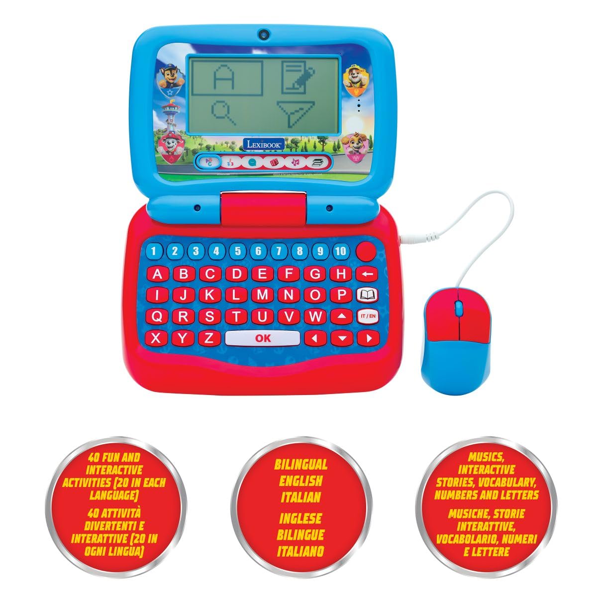 Lexibook, Laptop Educativo bilingüe parlante Paw Patrol, 40 Actividades, 6 categorías de Aprendizaje, Historias animadas, inglés e Italiano, Azul/Rojo, JC398PAi5LXB