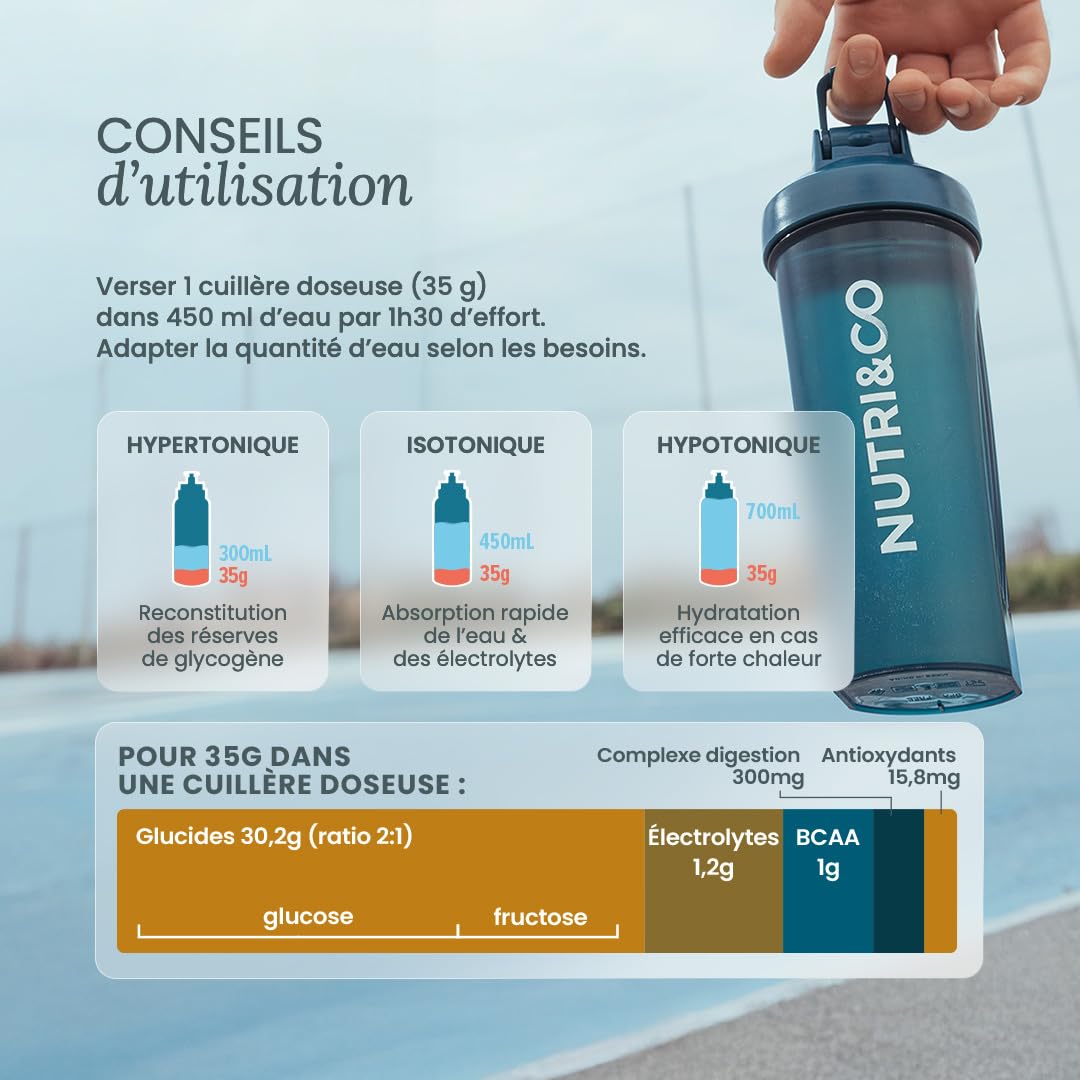 NUTRI & CO Boisson Énergétique Isotonique en Poudre - Ratio 2:1 Glucose/Fructose avec BCAA, Électrolytes, Postbiotiques & Gingembre - Running, Vélo, Hyrox - 490g Goût Pêche - Fabriqué en France