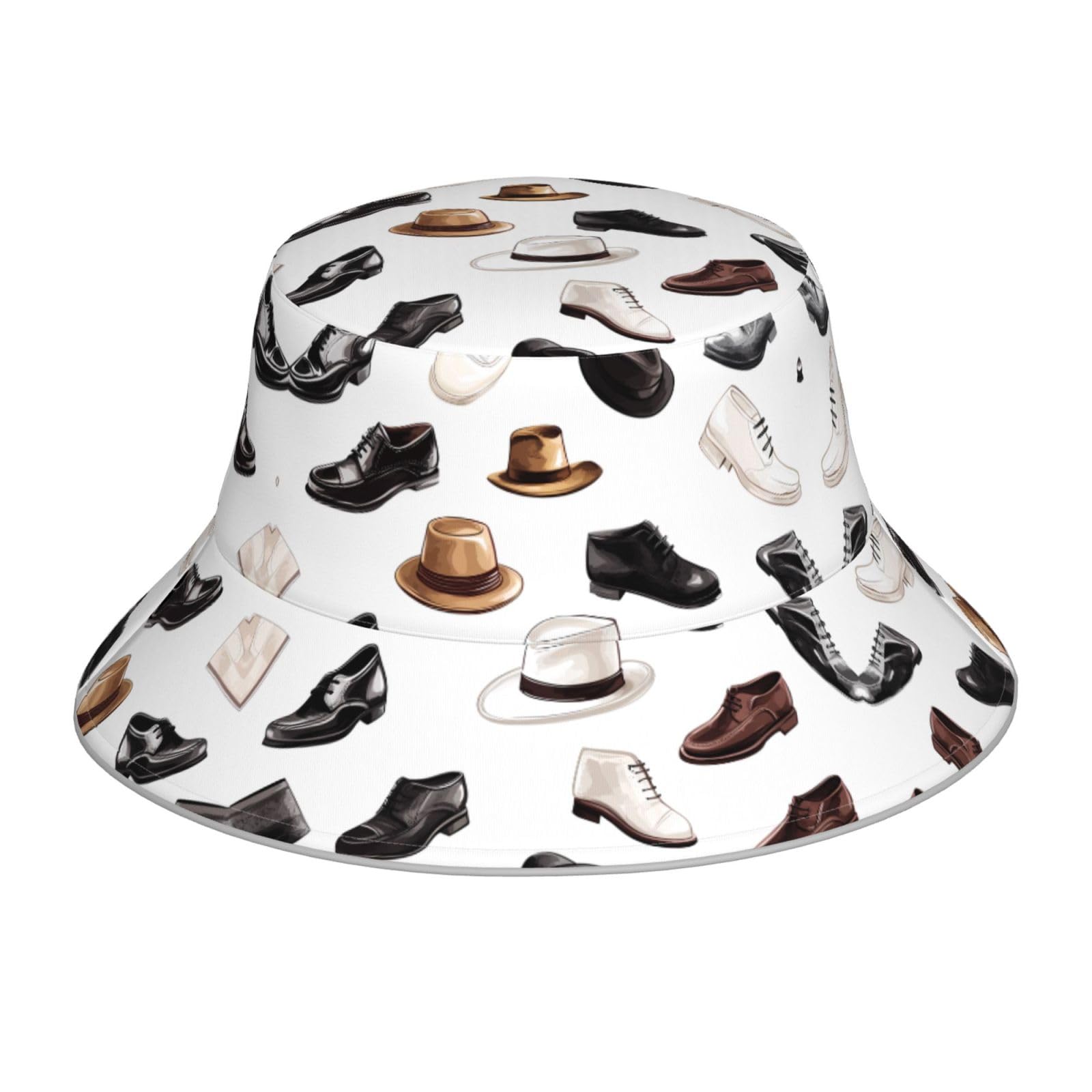 Display of Shoes and Hats Printed Reflective Bucket hat, Reversible Sun hat, Suitable for Spring, Summer, Autumn, and Winter. Black
