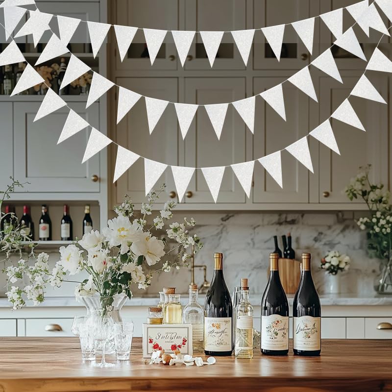 Image of White Hanging Triangle Flag Pennant Garland White Hanging Paper Pennant Streamer Paper Triangle Flag Bunting Banner for Graduation Wedding Engagement Birthday Party Decorations 30 Feet