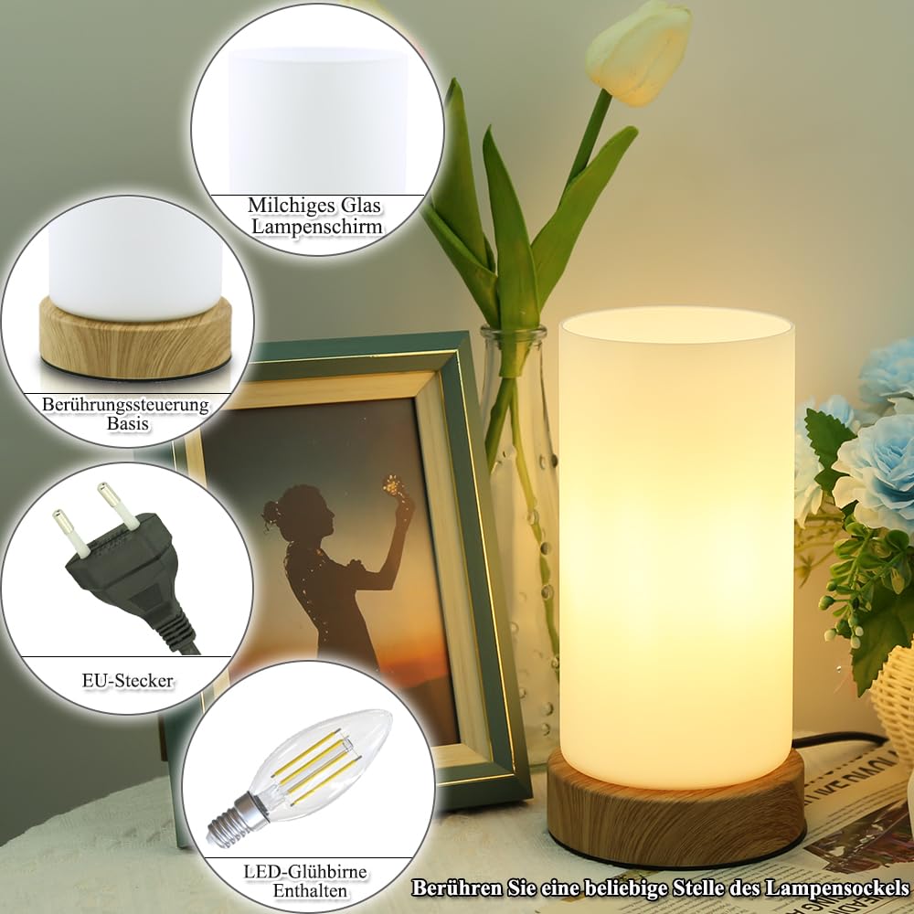 HSLighting Nachttischlampe, Touch Dimmbar Tischlampe mit Glas Lampenschirm Night Light Glühbirne 3 Helligkeitsstufen Einstellbar Nachtischlampen Tischleuchte Minimalistische für Lesen Wohnzimme