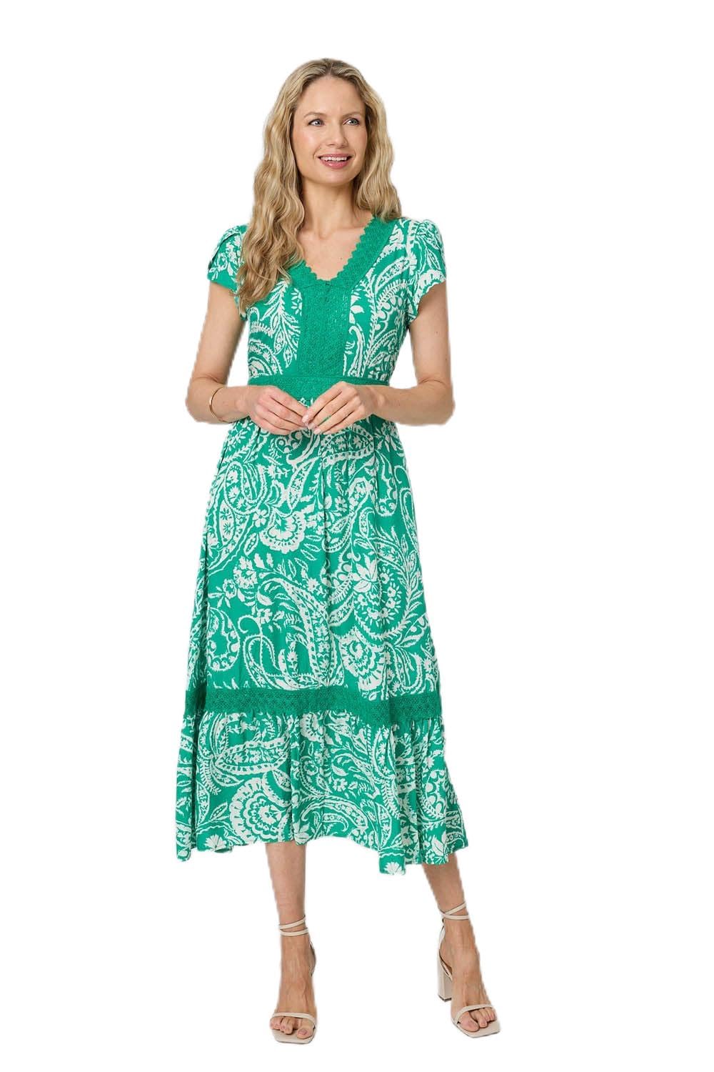 Izabel London Women's Green Printed Lace Trim Tiered Midi Dress In | : Size 16