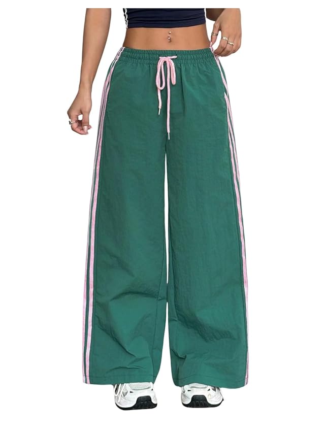 Womens Striped Baggy Pants Drawstring Waist Workout Hiking Track Pants Casual Loose Trousers with Pockets