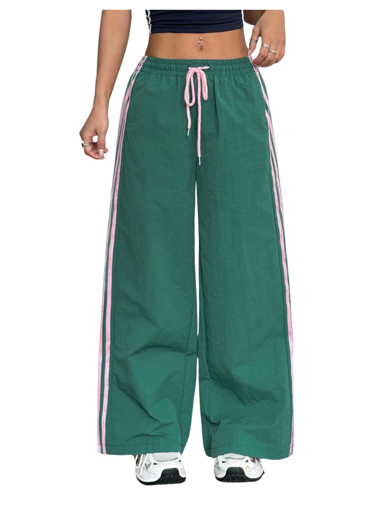 Womens Striped Baggy Pants Drawstring Waist Workout Hiking Track Pants Casual Loose Trousers with Pockets