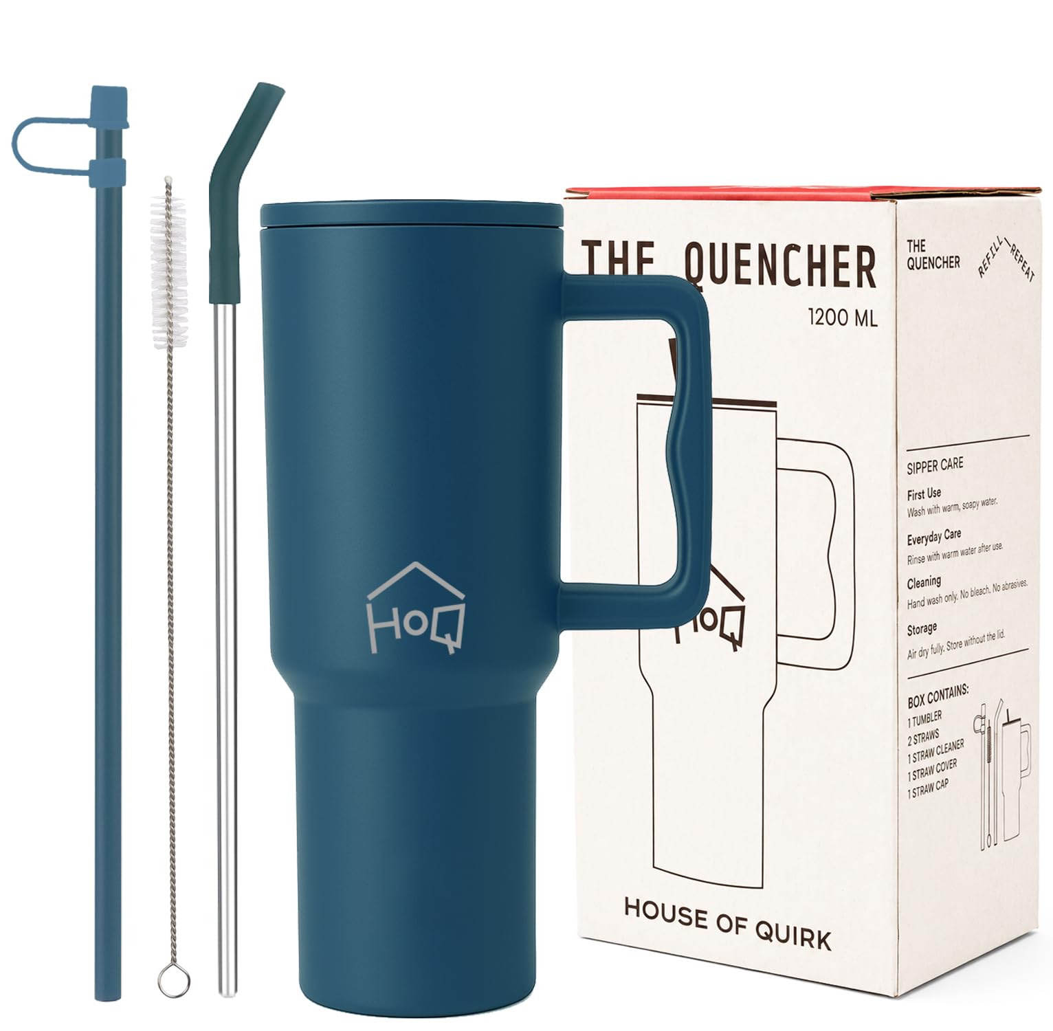 House of Quirk 1200ML Stainless Steel Tumbler with Handle & Lid, 2 Straws – Large Travel Mug Water Cup for Gym, Office & Outdoor Use (Teal Blue)