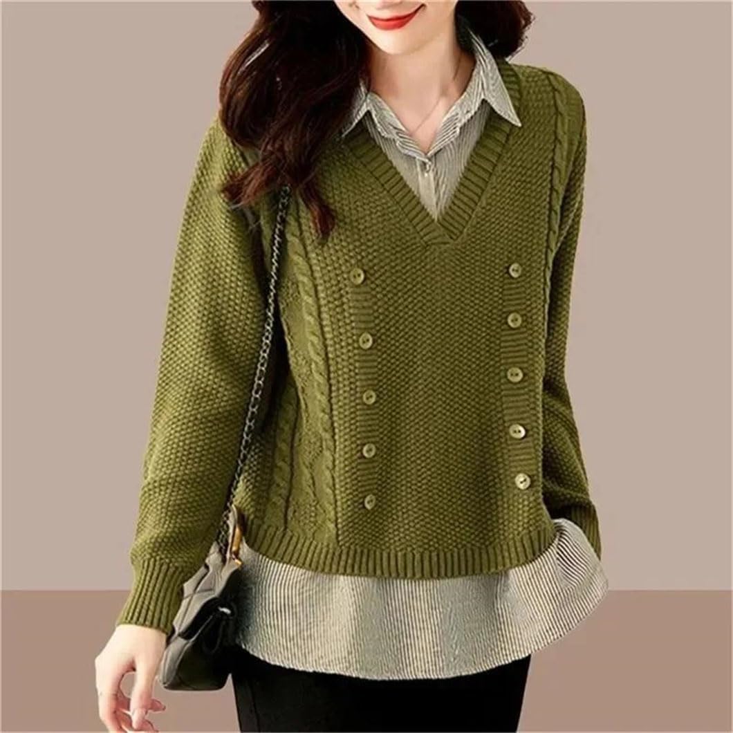 Korean Style Fake Two Piece Knitted Sweater for Women, Splice Shirt Collar Long Sleeve Top