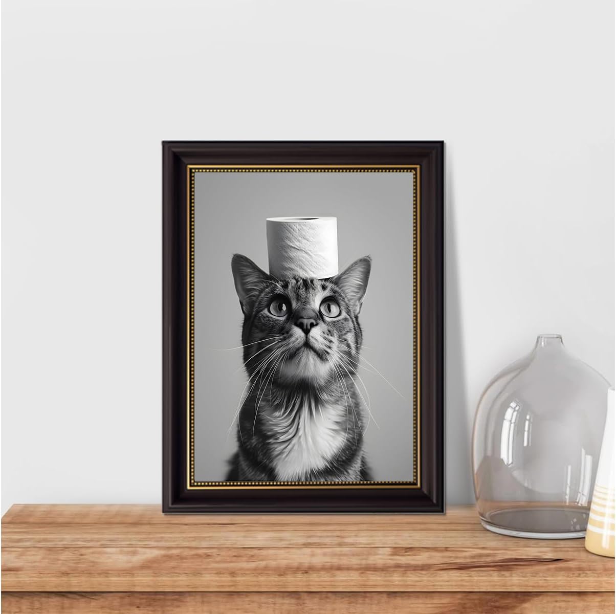 American Dark Brown Framed Cat Canvas Wall Art Fun Bathroom Animal Wall Decor Cute Cat Black and White Animal Poster Print Suitable for Bathroom and Home Décor Frame Size 12x16 In
