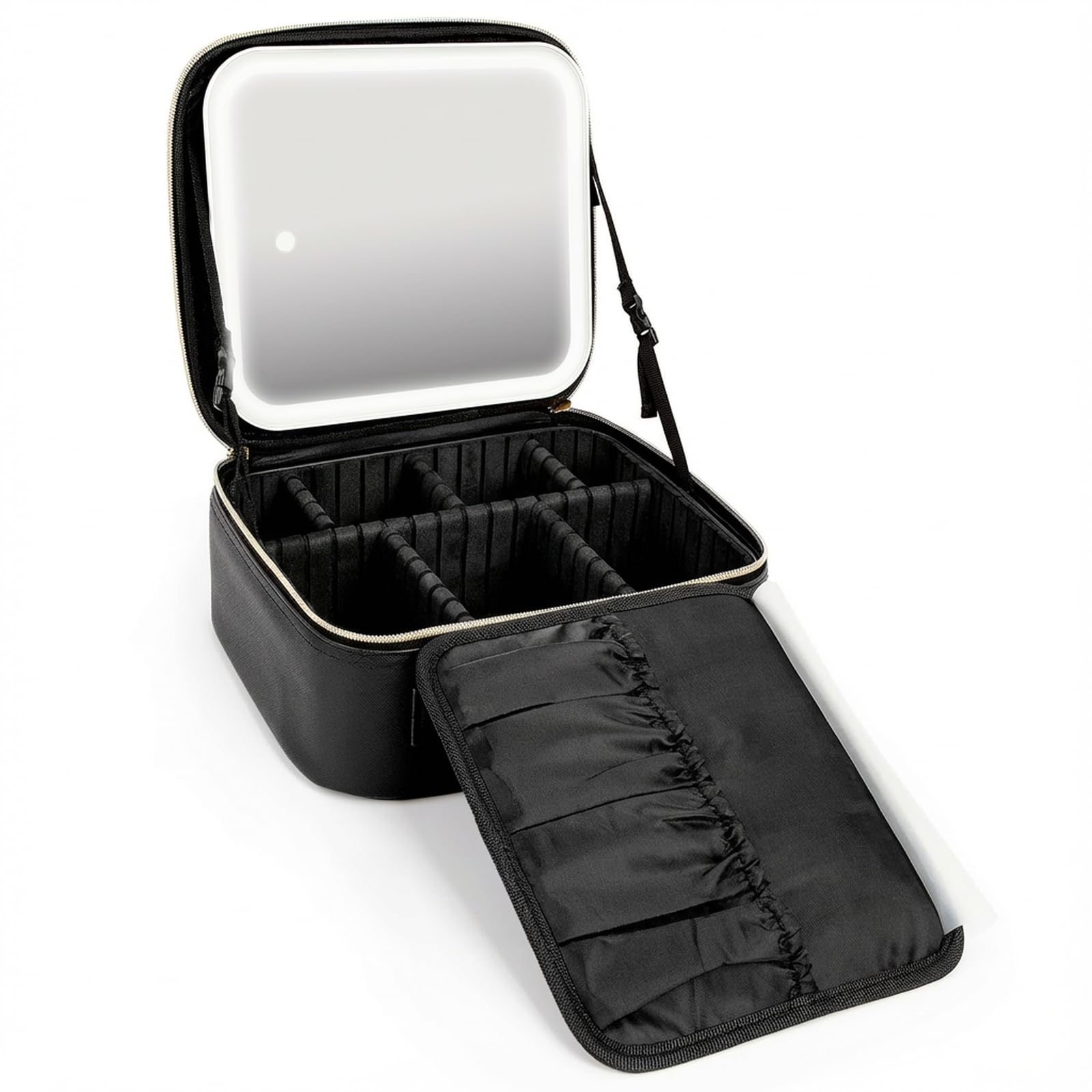 Elite Dance Gear Travel Makeup Bag with LED Mirror, Leather Cosmetic Train Cases with Adjustable Dividers, Makeup Organizer with Makeup Brush Storage