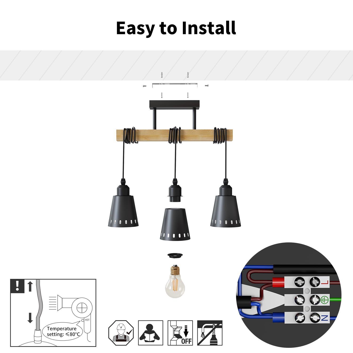 LVWIT Lampadario Soffitto Nero, Lampada Sospensione Cucina con 3 Luci, Lampadari Rustici E27, Base di Legno, Lampadari Pendente per Cameretta, Sala da Pranzo,Soggiorno (Senza Lampadina)