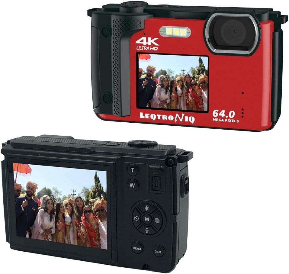 LEQTRONIQ Dual Screen 64MP 4K Ultra HD Video Camera with Autofocus, 16X Digital Zoom for Vlogging, Sports, Traveling, Home Videos (Red)