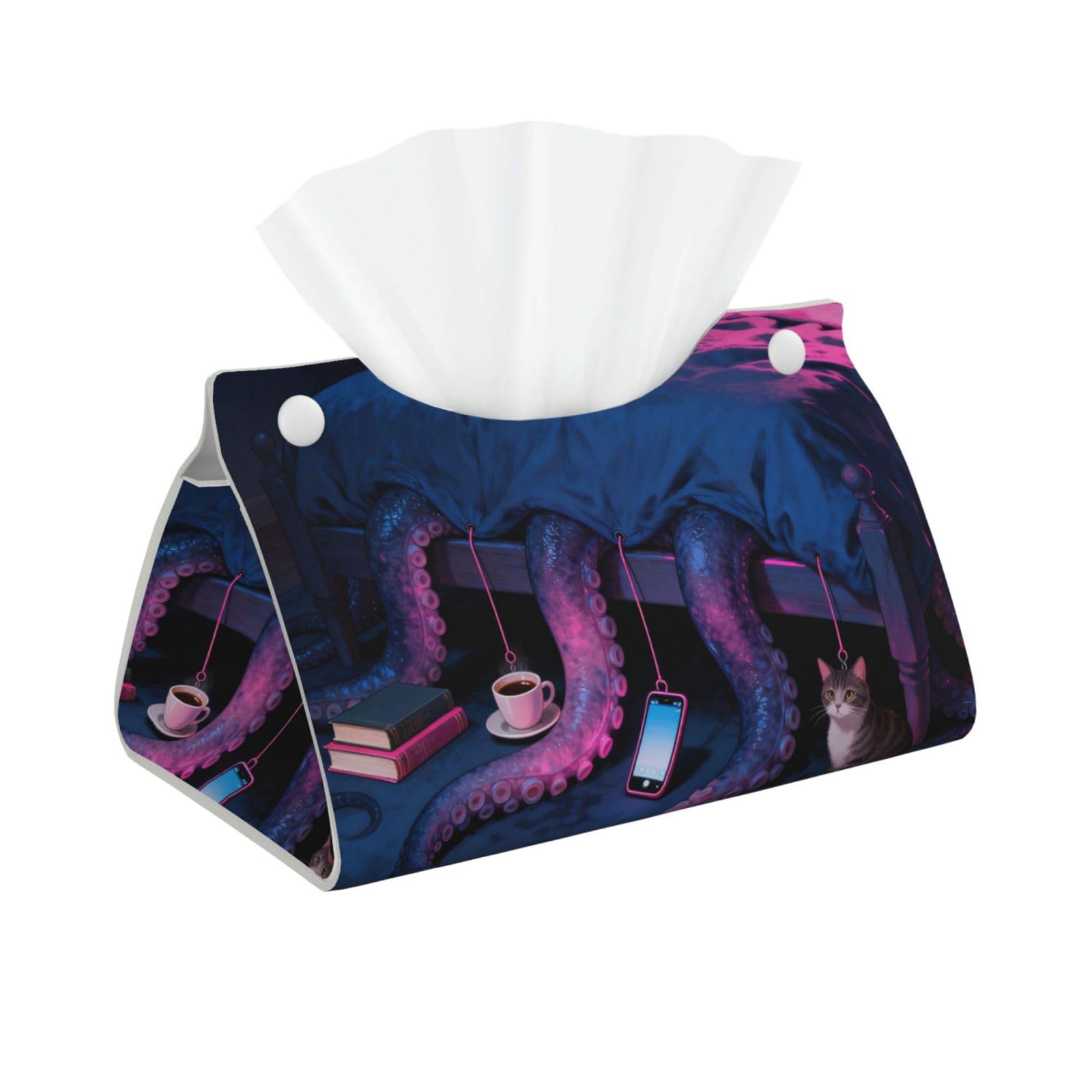 Sleeping Octopus Long Leather Tissue Box Cover-Waterproof PU Leather Tissue Holder for Bathroom, Decorative Rectangular Tissue Case