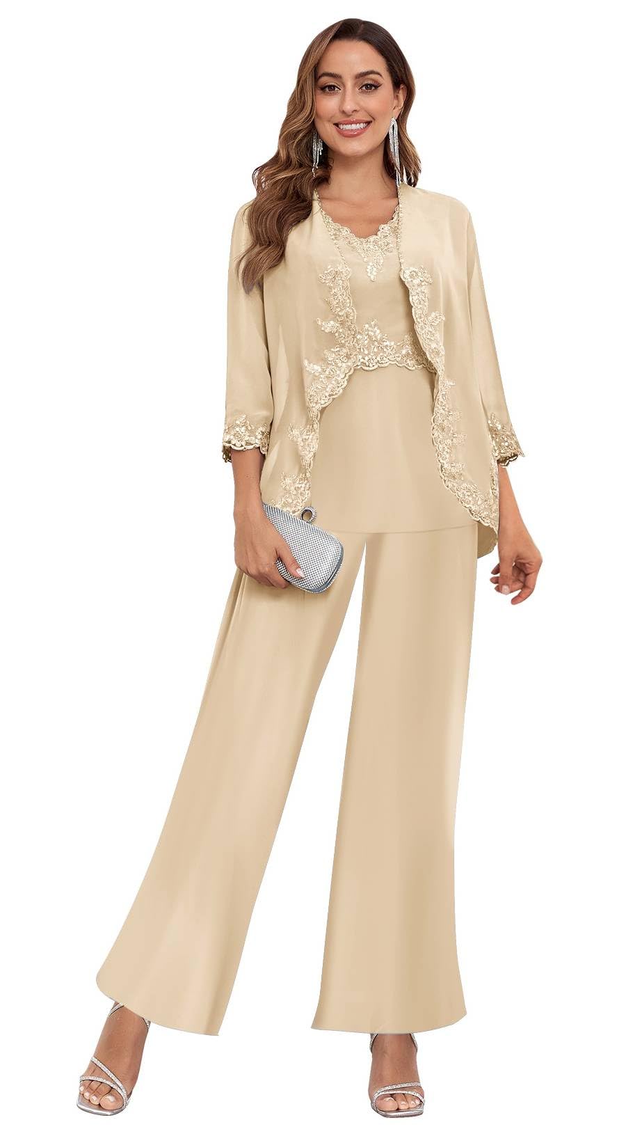 Bolodoo Women's 3PC Mother of The Bride Pants Suits for Wedding Elegant Sets Wedding Formal Outfit