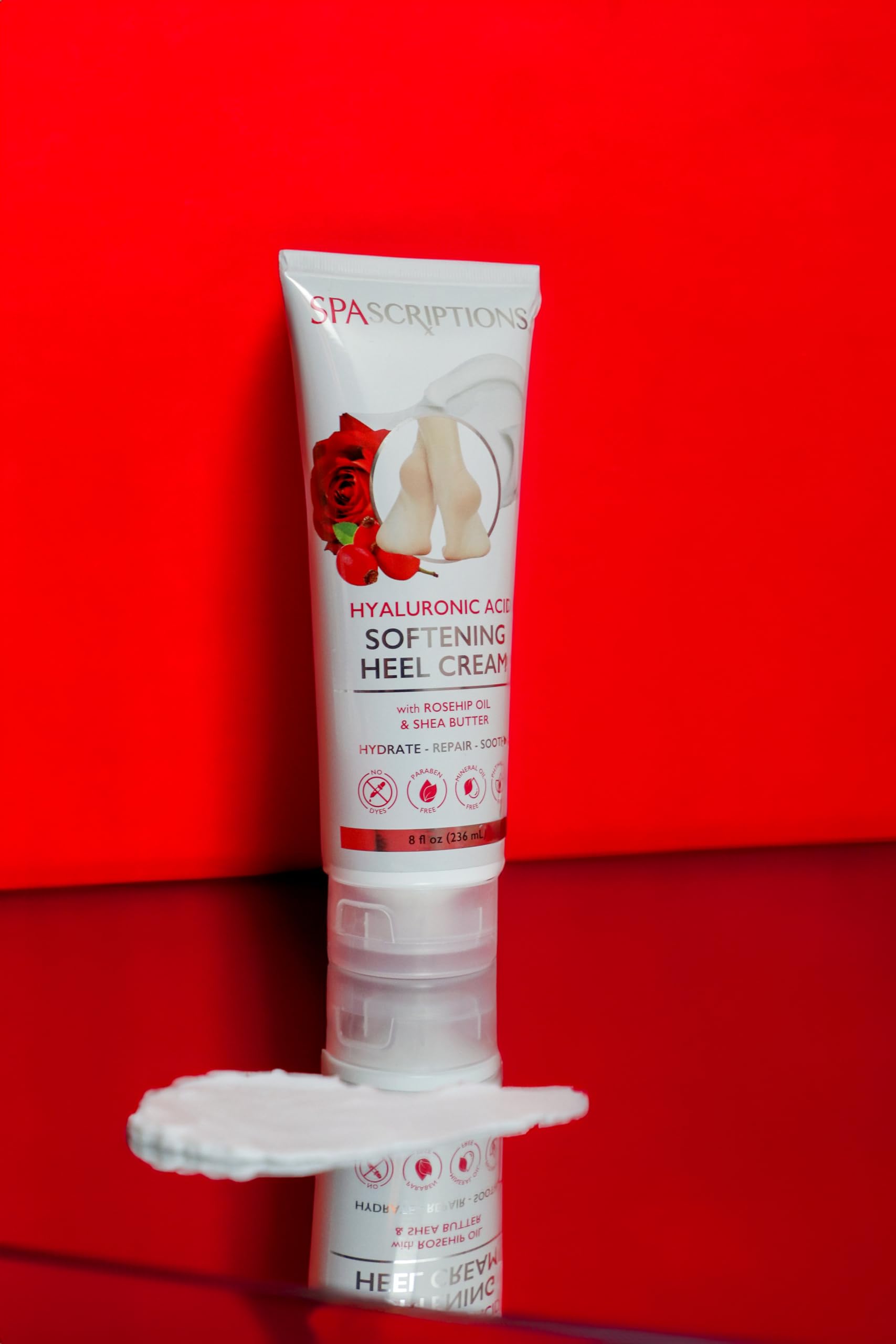 SpaScriptions Hyaluronic Acid Softening Heel Cream, Moisturizing Lotion  with Rosehip Oil Shea Butter, Repair Dry, Cracked Feet, oz Tube