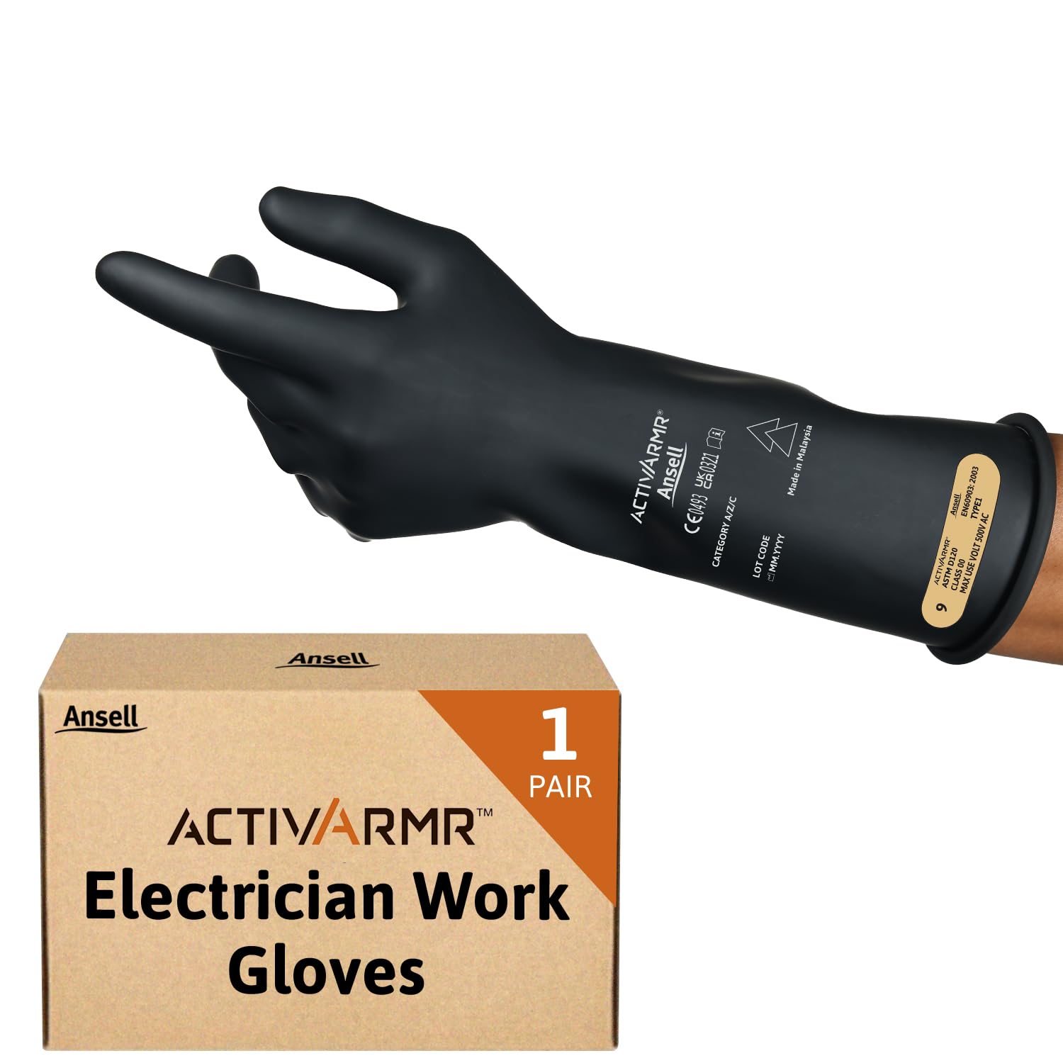 Ansell ActivArmr Electrician Work Gloves, Electrical Protection Class 00 (500V), Insulating Natural Rubber Latex Gloves, Industrial Safety PPE, 14 Inches, Black, Size XL (1 Pair)
