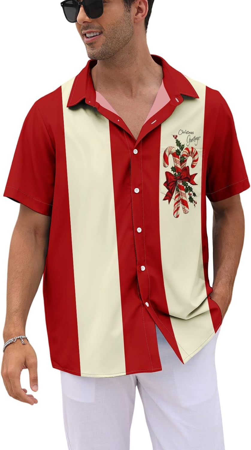 Men's Funny Christmas Shirts Short Sleeve Button Up Vacation Bowling Shirt (S-6XL) - Image 5