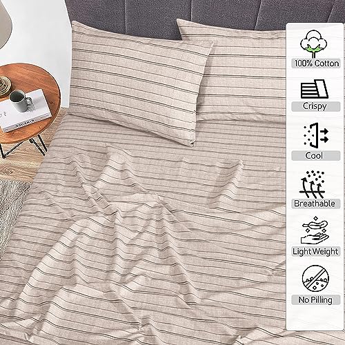 RUVANTI 100% Cotton Twin Sheets Set, 3 Pieces, Soft & Breathable Percale Weave Bedding, Deep Pocket 16", Hotel Standard, Crisp Cool Feel, Durable, Perfect Striped Bed Sheet, Brown Stripes