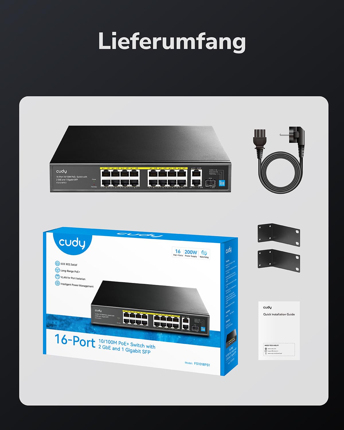 Cudy FS1018PS1 Switch PoE+ 16 Ports avec 2 Liaisons Montantes Gigabit et Ports SFP 200W, 16 PoE+ @ 200W, Mode Extend/VLAN, 802.3af/at, Fanless, Watchdog, Plug and Play | 16 ports 802.3af/at FE, 2 ports GbE en amont, 1 port fibre optique, isolation des por