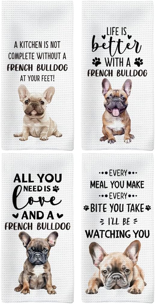 French Bulldog Gifts Kitchen Towels Set of 4, Frenchie Mom Gift, French Bulldog Gifts for Women Dish Tea Towels for Kitchen, FrenchBulldog Hand Towels, Dog Home Decor, 16x24inch