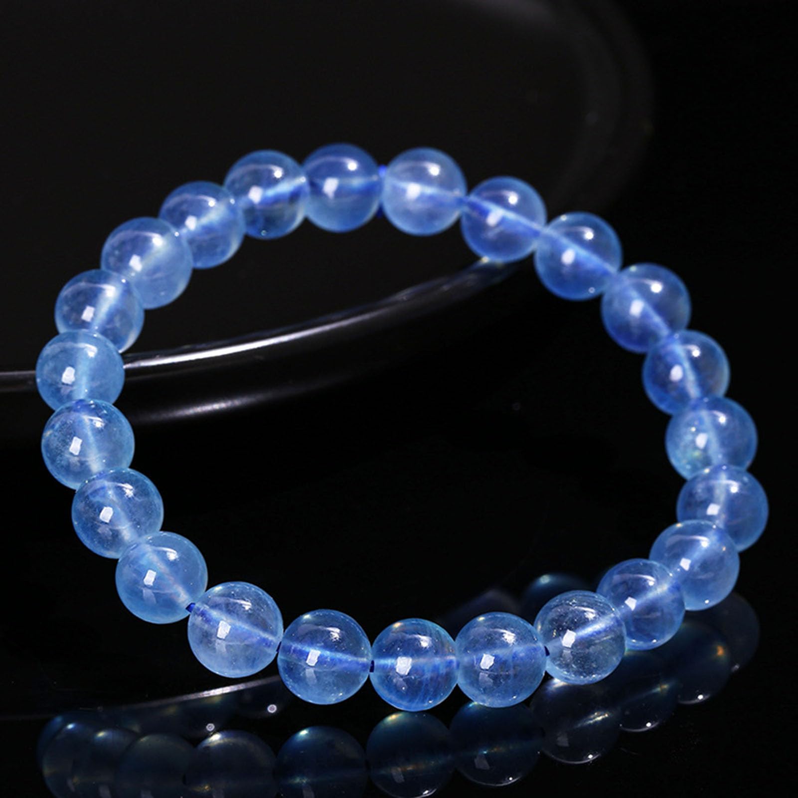 Bracciale Elasticizzato con Vera Acquamarina per Donna e Uomo, Perline di Cristallo Azzurro Naturale per Il Chakra della Gola, Comunicazione Calma energia Yoga, Regalo Compleanno,7a,9MM