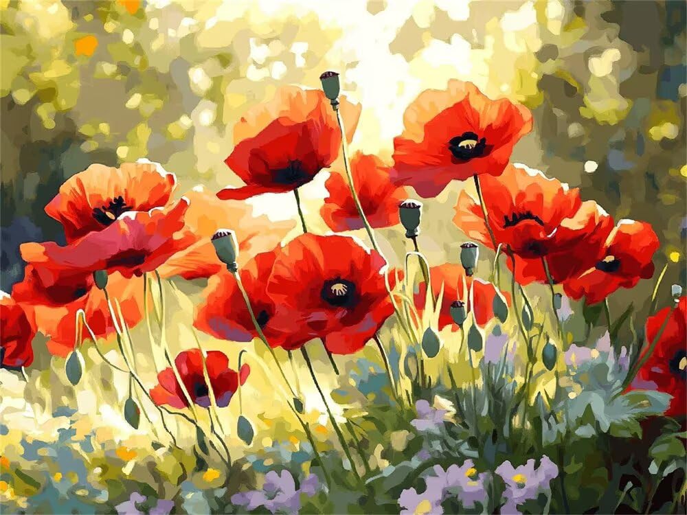 Malen Nach Zahlen Erwachsene Mohnblumen Blumen, Malen Nach Zahlen mit Pinseln und Acrylfarben, DIY Paint by Numbers 90 x 60 cm, Malen-Nach-Zahlen für Anfänger, Home Wand Decor (Ohne Rahmen) -YH121