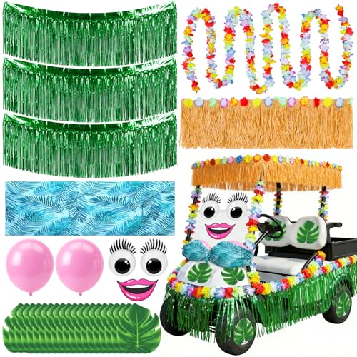 Leyndo 29 Pcs Summer Tropical Golf Cart Decorations Kit Hawaiian Luau Parade Decor Tropical Flower Golf Cart Car Deco With Banner Hanging Garland Sticker Wreath Balloon Pineapple Leaves For Luau Party
