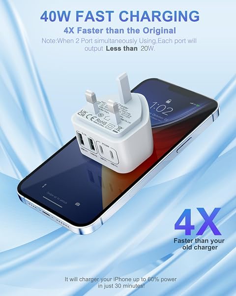 40W USB C Plug Fast Charge, UK 4-Port Multi USB Charger Plug Fast Charging Head for iPhone 16 15 14 13 12 11 Pro Max SE XS XR Plus, iPad, Samsung Galaxy,Dual Port USBC Power Adaptor Type C Wall Head - 2